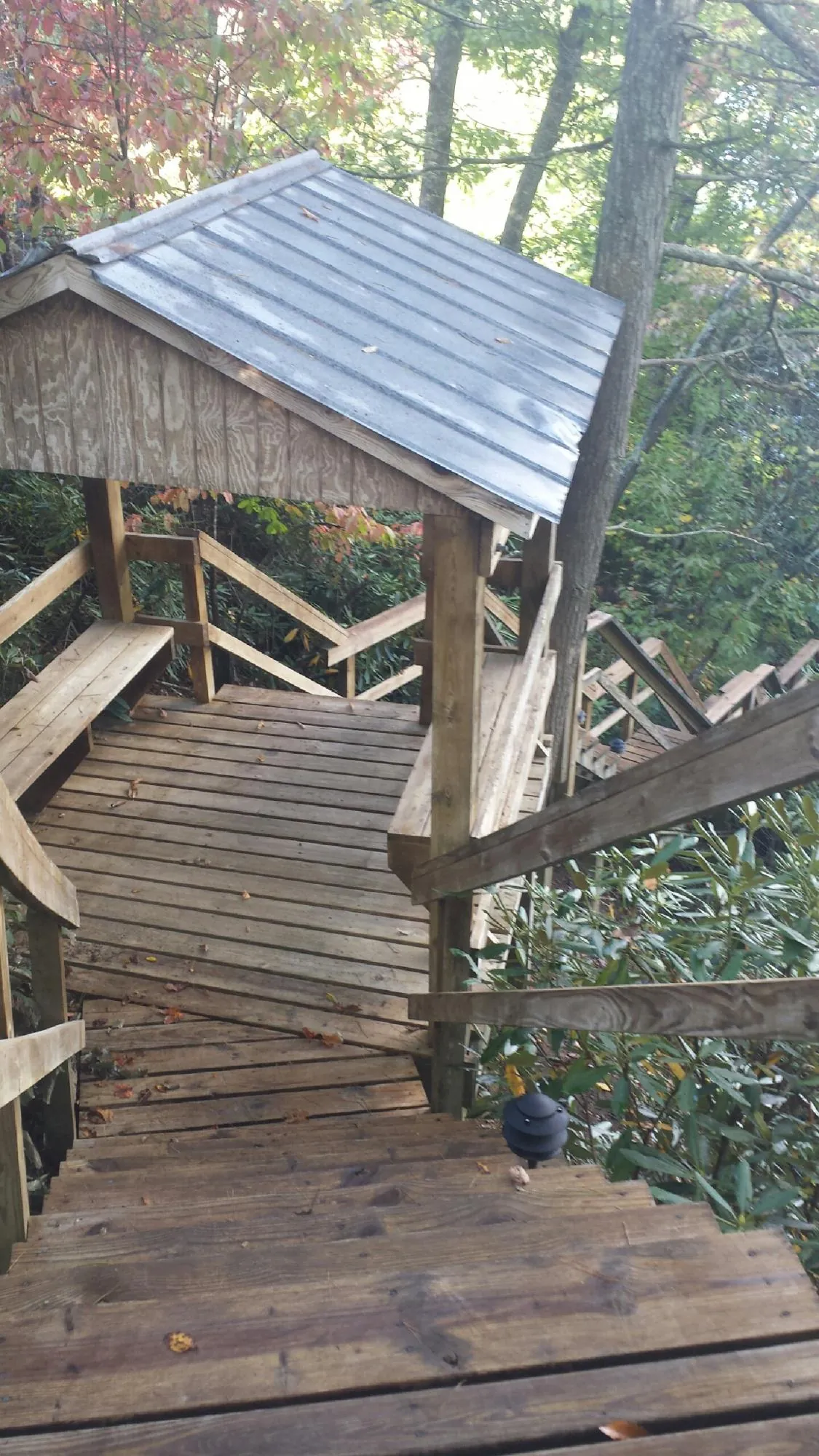 Metal roofed shelter over wooden steps on a wooded walkway — Skylight Repair & Installation work by our crew in Riddleton